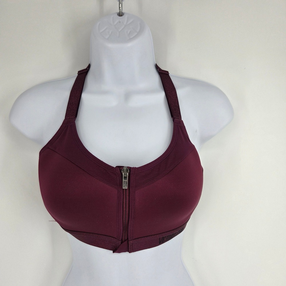 Victoria Sport Front Zip High Impact Sports Bra Burgundy 34C Racerback Mesh